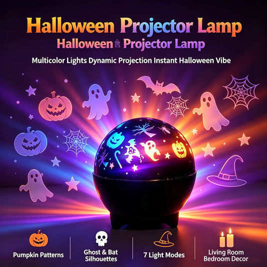 Halloween Projector Light 7 Colors LED Night Light Ghost Projection USB Powered Auto Color for Family Party Decor Ambient Lamp